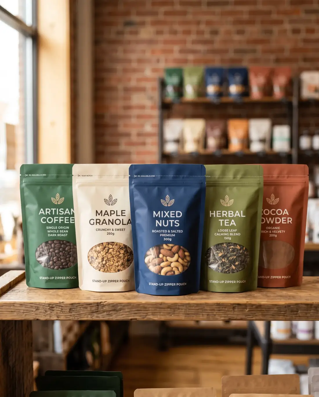 Custom printed flexible packaging samples showing full-colour brand artwork