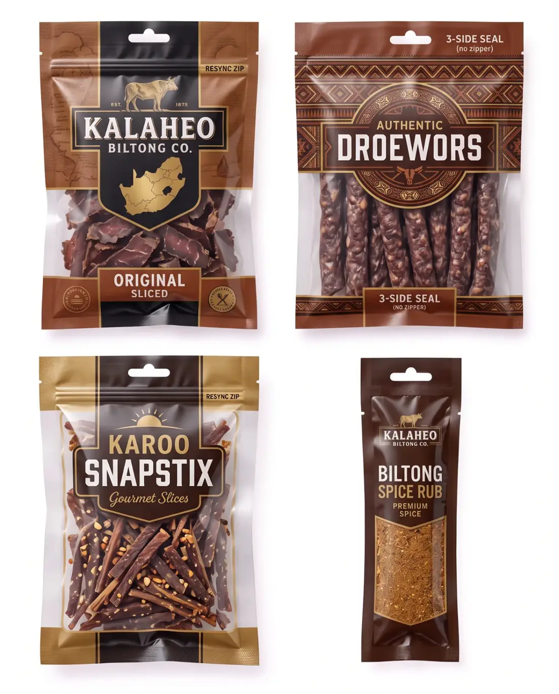 Custom printed flexible packaging samples showing full-colour brand artwork